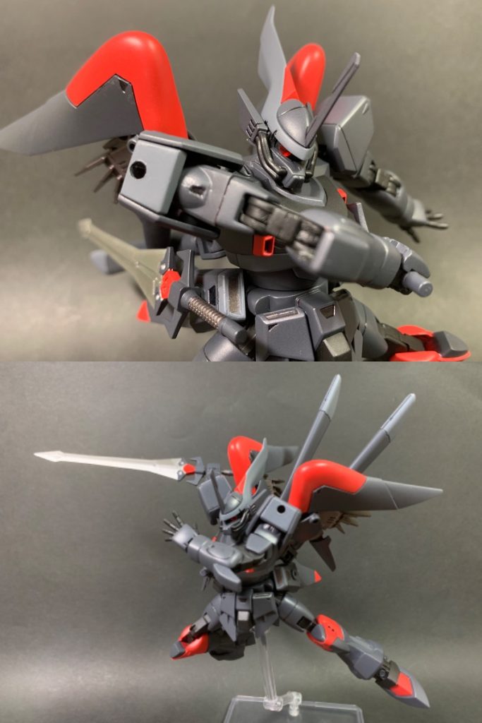 見た目は通常のシグーとあまり変わりませんが、各関節と可動域を拡張しているためポージングもバッチリ決まります。モノアイも左右に可動するように加工しています。