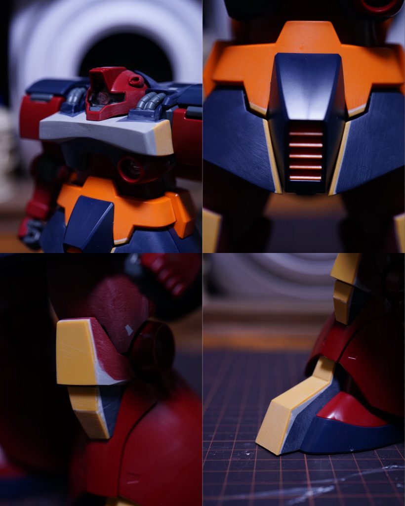 主な工作。胸部はボリュームを出したかったのでプラ板でガイドを作りパテで形状変更しています。フロントアーマーが前から見ると隙間があったのでプラ板で隙間を埋めました。脚部はキットは丸みを帯びた形状だったのですが設定画に寄せてエッジを出し形状変更しています。
