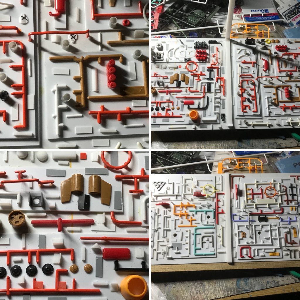 ジオラマ壁面・床面部分は、プラ板を貼り着けた木板の上に「ジャンクパーツ」や細かく切ったプラモデルの「ランナー」を貼り着けた後、「クリアグリーン」で塗装しました。
