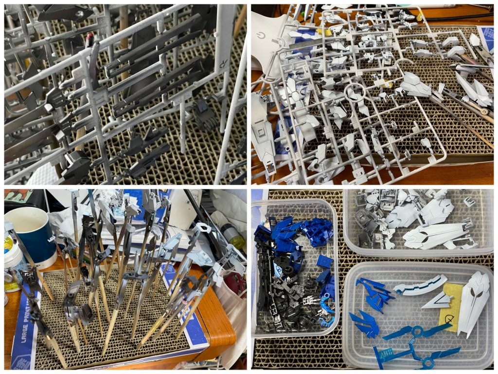 塗装パーツ数が多すぎるのでなるべくランナーのまま塗装して楽しました。白系は下地に赤鉄色を吹き、軽くグラデーションを入れて下地を残し気味に塗装しました。雲母堂本舗のパールは水性ホビーカラーの光沢クリアに溶いて使用してます。白: 赤鉄色 → (水性ホビー境界線機Colorメイレスケンブホワイトor ホワイト+ガンダムホワイト or ホワイト) → Mr. ウェザリングカラーフィルタリングブルー+マルチグレー(スミ入れ)→ (組み立て、デカール貼り付け後)雲母堂本舗VGパール アクアフレーム色1: 赤鉄色フレーム色2: 焼鉄色サイコフレーム: 約半分にグラデーションでシルバー → ビスマスパール(うみんちゅパール)→ クリアブルー+クリアグリーン少量→Mr. ウェザリングカラーフィルタリングブルー(スミ入れ)→ 雲母堂本舗VGパール エメラルド → ルミネ ブルーメタルブルー: シルバー → クリアブルー → 雲母堂本舗VGパール レッド紺:  ティターズブルー2 → 雲母堂本舗CCパール ブルー青: ガンダムブルー → 雲母堂本舗CCパール ブルーツインアイ: ビスマスパール(うみんちゅパール)→ クリアグリーン → ブラックペイントルミネ グリーン → タミヤエナメル フラットブラック筆塗りビームエフェクト: ホワイト(グラデーション)→ アクリジョン つや消しクリア → ルミネ ブルー