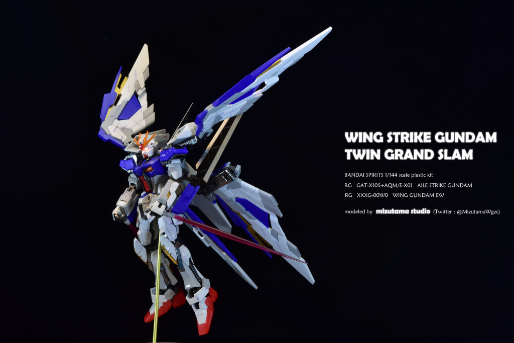 ウイングストライカーを装備した高機動強襲型というコンセプトで制作しました。フォビドゥンガンダム等のビーム対策MSとの戦闘を有利に進めるために、2本のグランドスラムを腕に装備しています。