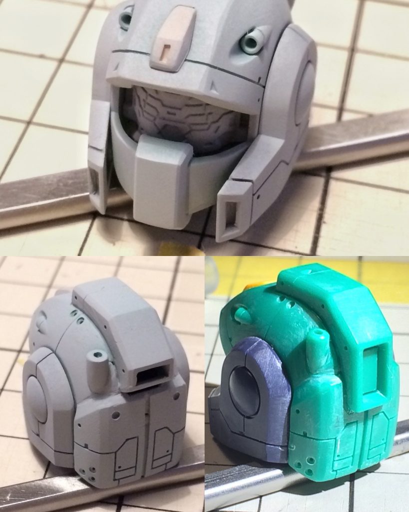 後頭部のセンサーカメラは元々は間伸びしたデザインでヤサっぽいので、フロント側と同じ薄いデザインに変更　スジボリでメンテナンスハッチを表現　フロント両頬のダクトはタガネで彫り込んではっきりとさせています。