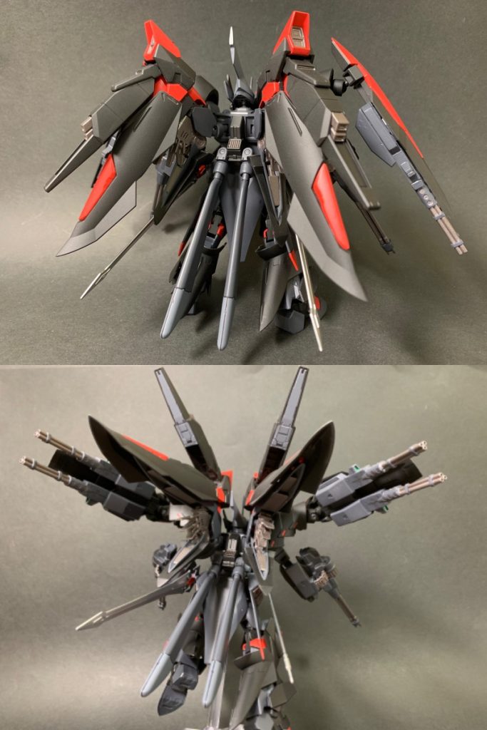 背面。背部ウイングは大きく開けるように改造し、出力大幅強化のイメージとして内部にフィン状のディテールを追加しています。更に航続距離を延ばすためにプロペラントタンクも二本備えています。