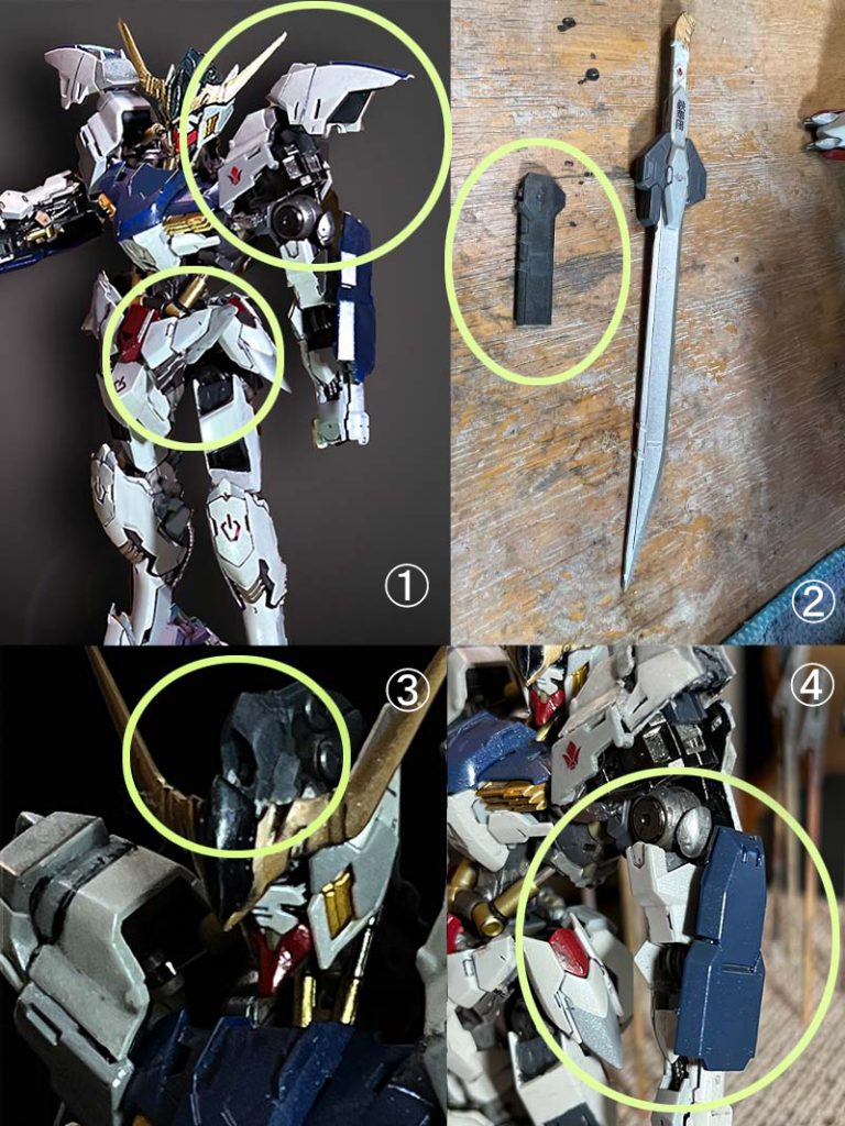 1,肩アーマーは悩んだ。真ネイキッドと言える「アーマーなし」は第一形態で既出だし、何かアーマーを付けねばと・・・まずは第六形態を開いた状態にして一部加工してみたが、なーんかちょっと違うので・・・うりゃ~っとバリバリ切った貼ったで完成形状に。腰スカートは、最初は三段ディテールにしたが・・・横長すぎたので最終的にグレーに塗ってる部分を無くした。2,バルバトスの武器は派手。ソードも長すぎると思い、丸の部分の長さをカット、短くした。3,フェイスは適度なサイズなのに、頭部全体でみるとデカい感じがするので、アンテナ上部の白部分をフレーム同色に塗り、縦長感の払拭を狙った。MSは顔が命と申しますが、ネイキッドだし、まぁいいでしょう~4,第六形態の腕アーマーを上下反転して装着。あまり意味はない。手首出てたほうがいいかな~と思って。