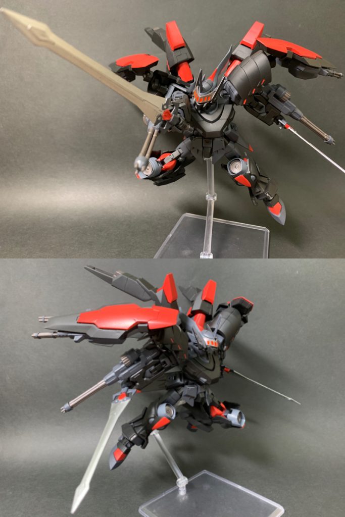 重斬刀。二刀流使いというイメージで重斬刀は2本装備しています。元キットよりも長く鋭利にしたかったので、刀身は30MMのパーツを使用しています。腰部にはマウント箇所を設けてます。