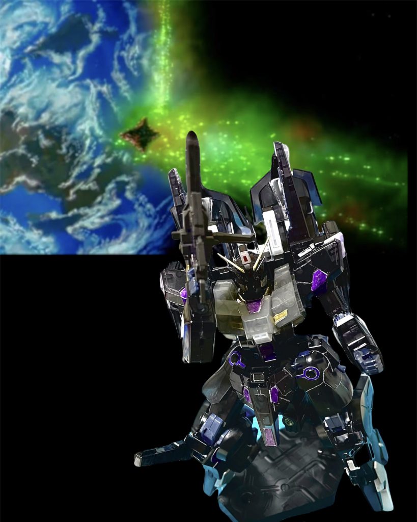 紫の所はガンダムマーカーシルバーの上からMr.カラーGXクリアヴァイオレットを。角と胸元の金や足元の銀はそのままガンダムマーカーのゴールドとシルバー。あとはツヤ出ししてます。