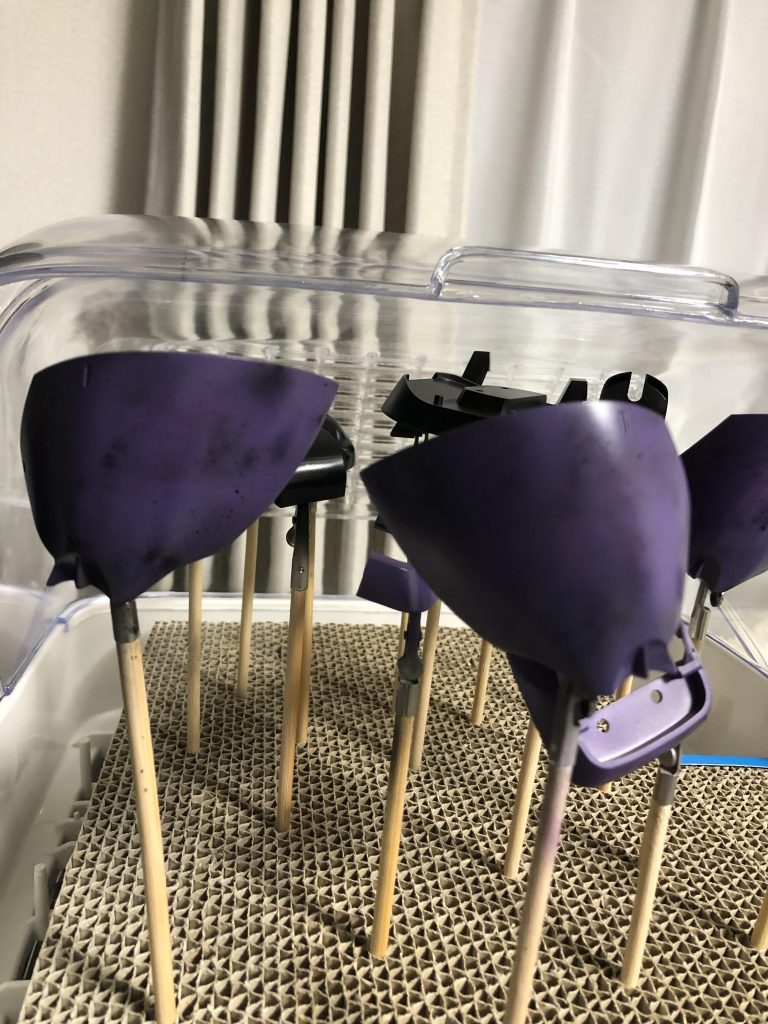ドムの足の部分をそのまま塗装すると面白味がないと思い一旦、水性で調色したパープルを吹いてウエザリングをしその上からまたパープルを塗り重ねました。