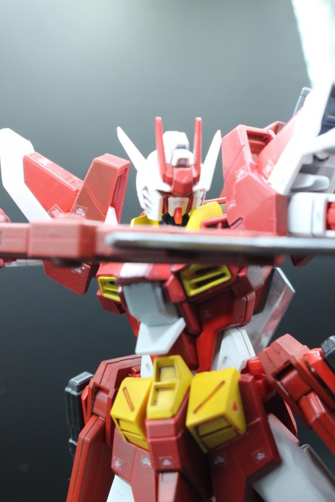 実体剣を2本装備しています。なぜレッドウォーリアと戦うにあたり、近接格闘に行き着いたかと言うと、ファイターであるメイジン・ミハラは剣道を学んでたため、使い慣れた間合いが剣だったため。(実話)メイジンカワグチのレベルのファイターに、射撃攻撃を当てることよりも、近接戦闘に持ち込む方が確実ということから、この装備に行き着きました。