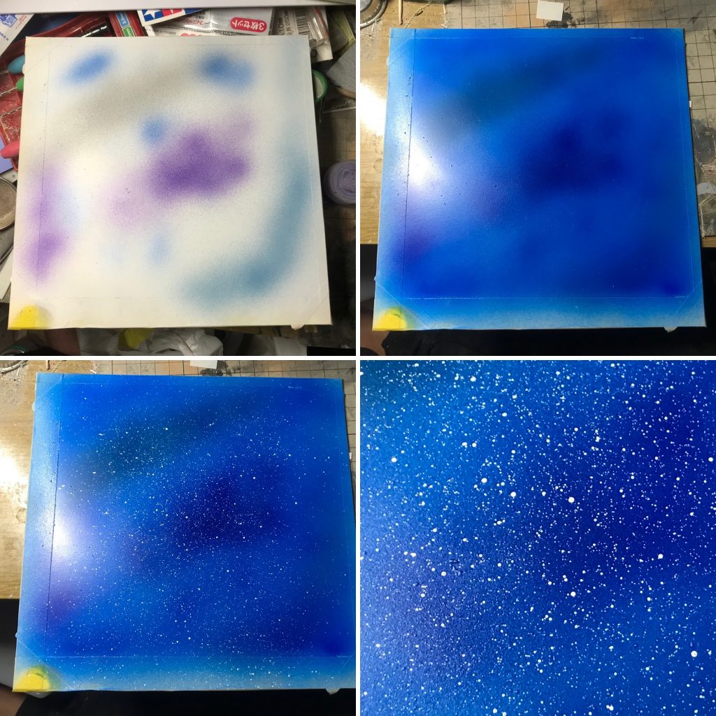 「要塞進入口」側部分は、プラ板に〝うっすら〟と暗い塗料をエアブラシで吹き付け、その上をクリアブルーのスプレー塗料を吹き付け。つや消しクリアをスプレーで吹き付けた後、溶剤で薄めたホワイトを歯ブラシに含ませ、指で弾いて「宇宙空間の星々」を表現してみました。