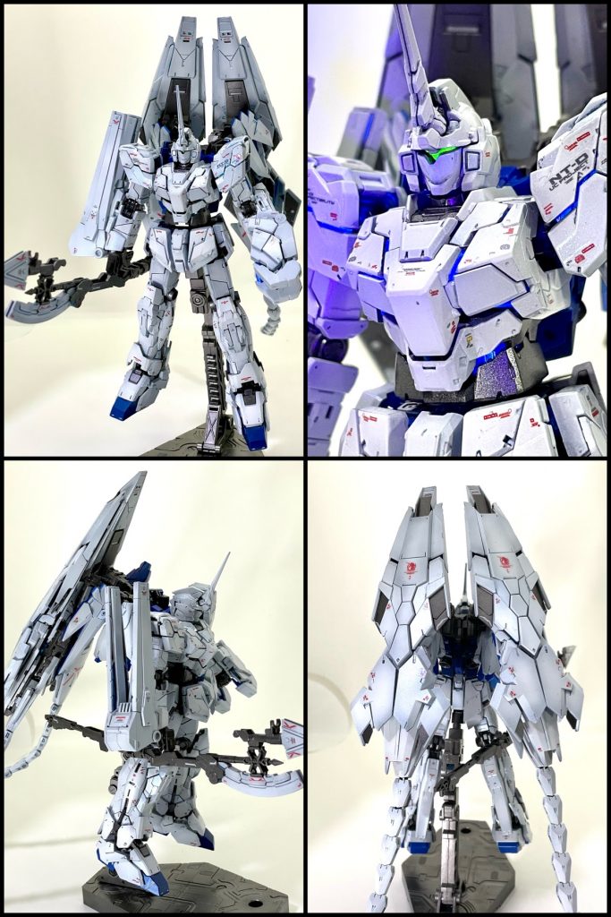 ユニコーンモードです。1/144でこの変形を実現するバンダイの技術力はやはり異常だよね🤣隙間からサイコフレームが少し見えちゃう部分もあるけどそれも愛嬌。アームドアーマーDEのピタッと閉じてる感じが好き。