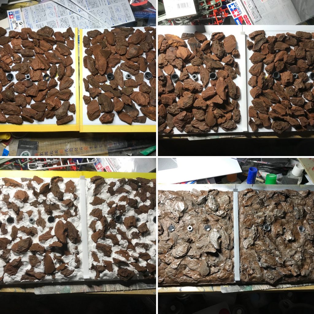 ジオラマ天面部分は、プラ板にガーデニング用の木皮を出来るだけ詰めて貼り、隙間には紙粘土で埋めて乾燥後にメタリックブラックで塗装し、その上をブラウン系エナメル塗料でドライブラシ。岩石のような風貌にしてみました。