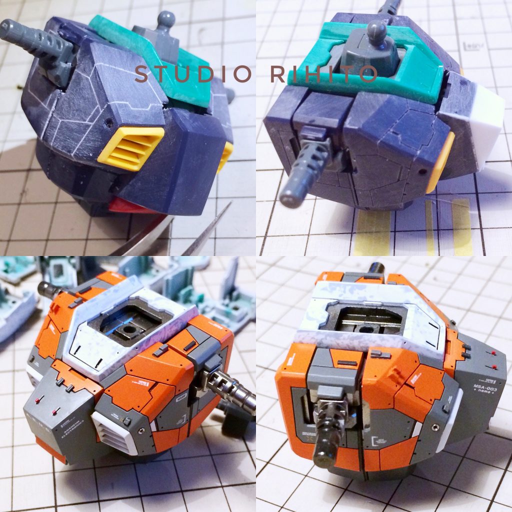 胴体パネルライン加工ハッチ形状をプラ板で変更し、前方へストレッチして強調したものとしています。