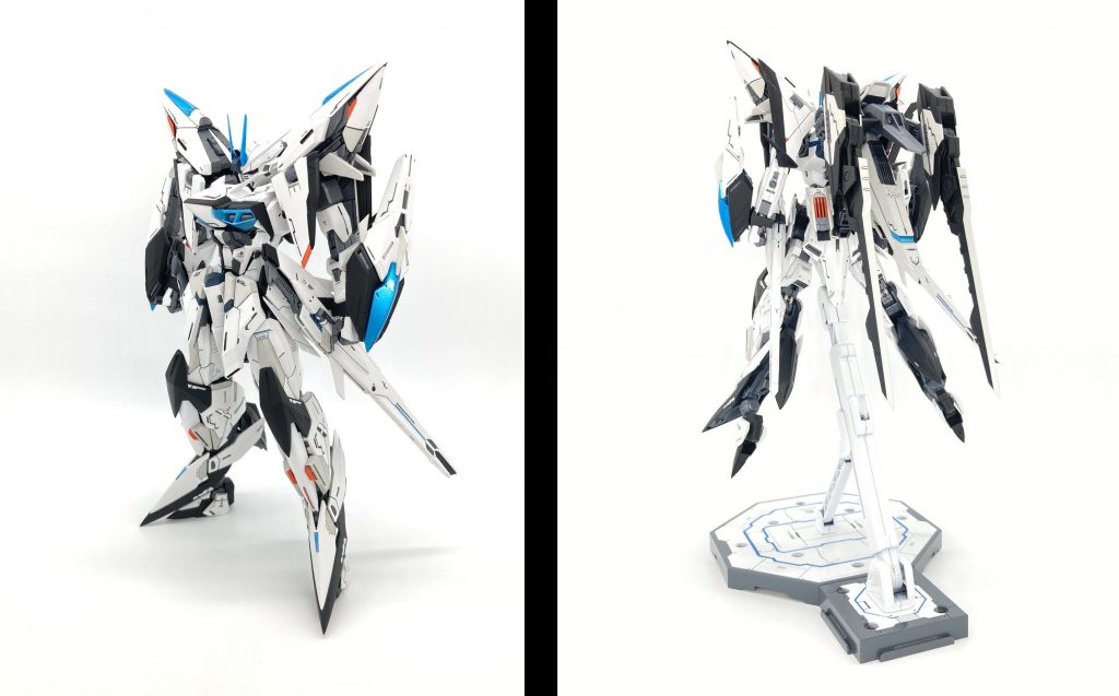 ストライカー無し素立ち・各部シャープ化、スジボリ、掘り直し・アンテナ変更・胸部小羽追加・肩上部、腕付け根、脛パーツ追加でディテールアップ・シールド発生器接続部手首側へ変更・フロント、リアアーマー変更・アキレス腱パーツ接続位置変更、スラスター追加・足側面パーツ追加