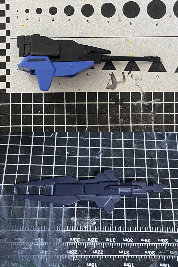 GNハンドキャノン(上) ・30mmエグザビークル(スペースクラフト)の主砲部と太腿パーツGNビームガン・ユニット(下) ・SDCSアースリィガンダムのビームライフル