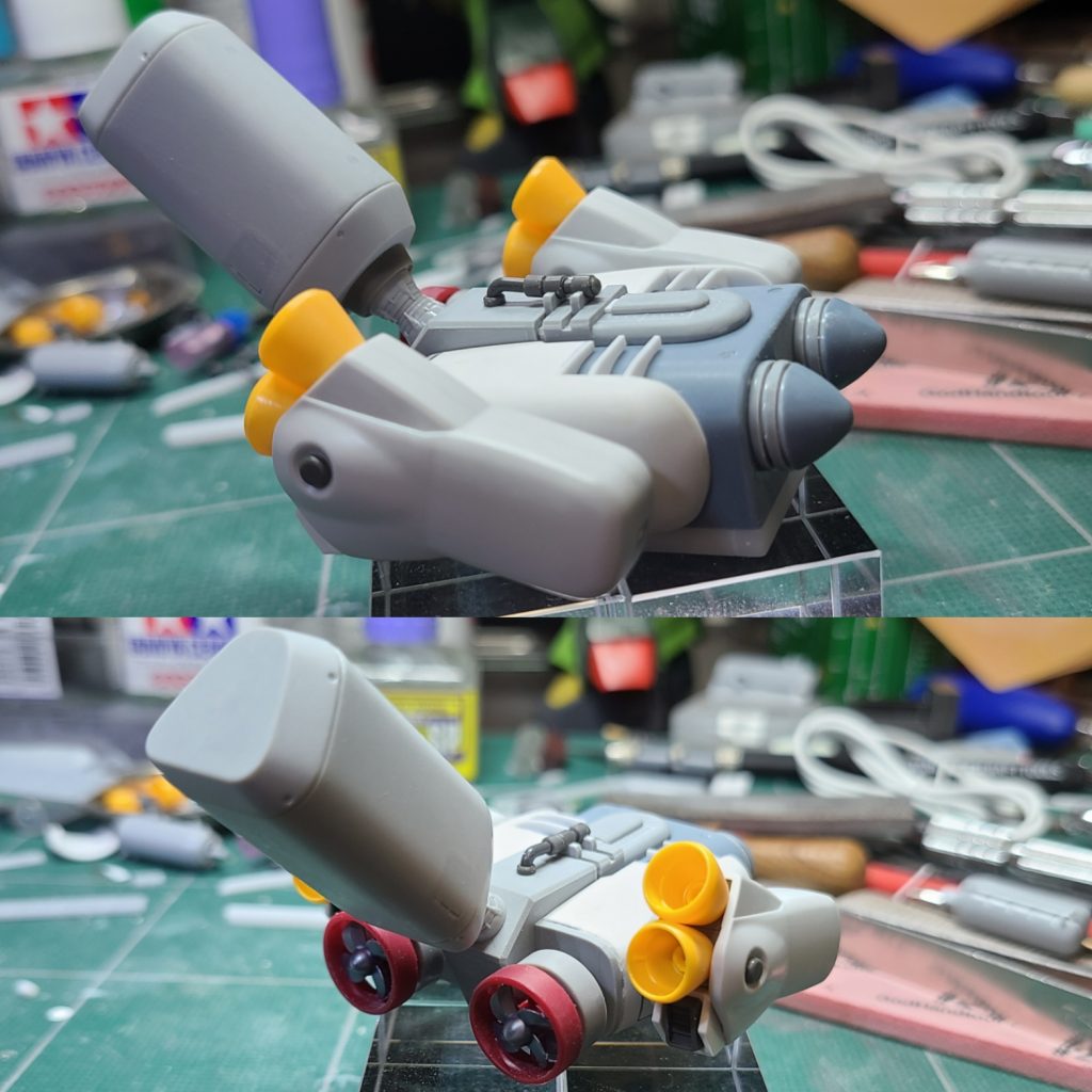 バックパックは増強されたイメージで、ゴッグのものにジャンクパーツとプラ板の箱組みを組み合わせて製作しています。