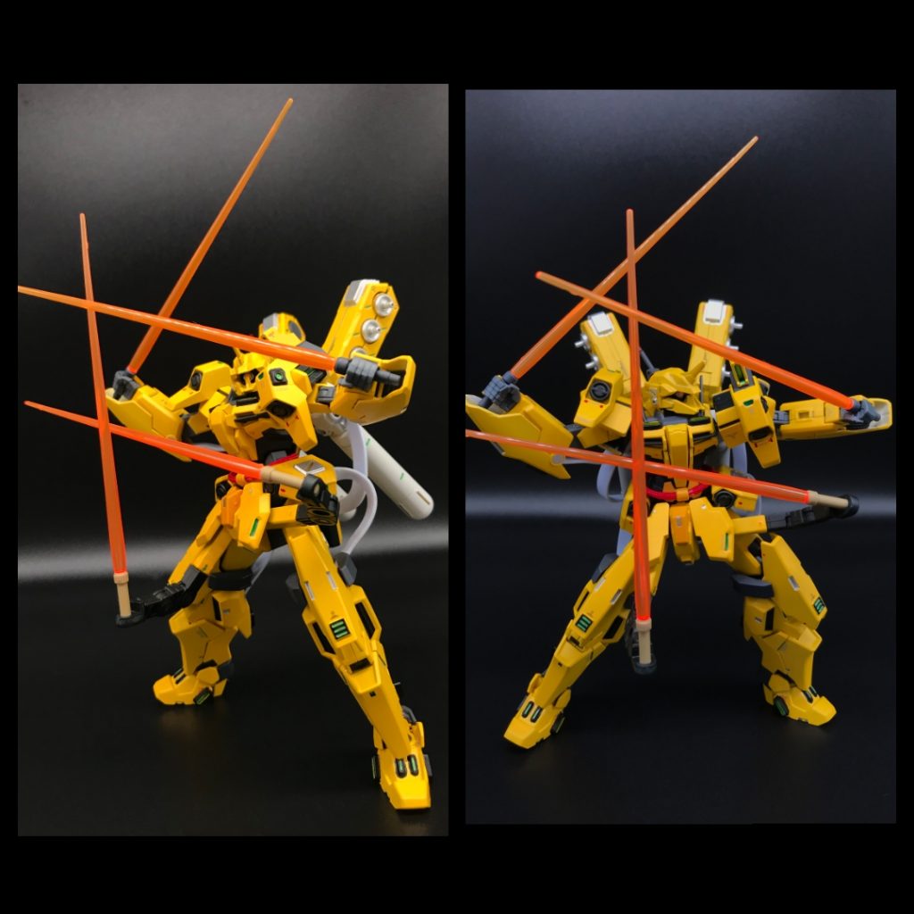 月面などの地表戦闘。ビームサーベルの四刀流。鬼神さながら。移動は基本的にはホバーだが、ガンダムタイプのような歩行も可能。