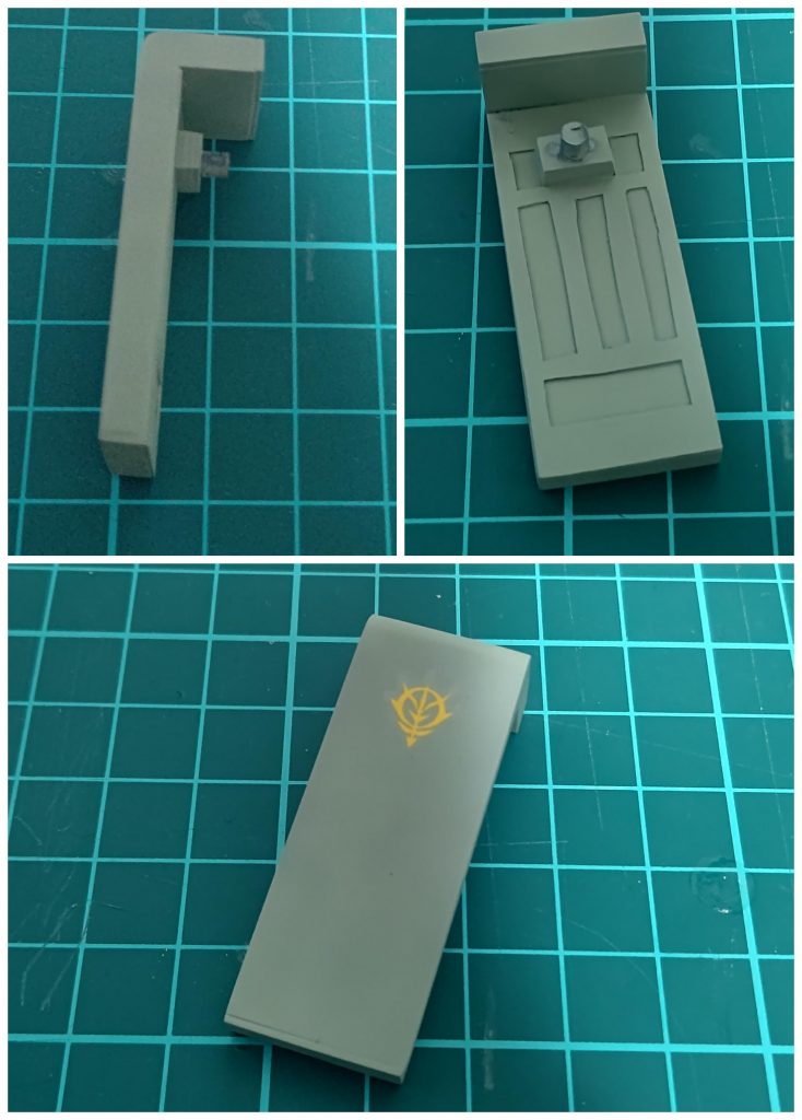 自作についてはしたの感じ。シールドは0.8mmプラ板でL字に箱組シールドのカーブについては単純にヤスリでがっつり削りました0.8mmの厚さでたまたま修正不要に一部はかなり薄くなったので、裏にプラ板当てればよかったかも?裏面のディテールは0.3mmプラ板を張り付け ここは焼鉄色あたりに変えれば良かった接続軸は、プラ板積層にして接着後、3mm穴を開けたところにランナープラ棒を接着