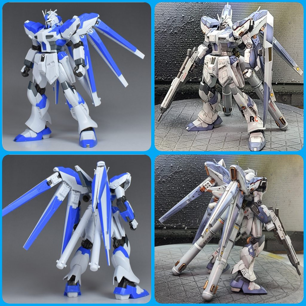 素組みとの比較です。ビームライフルは細すぎる銃口を太くして、後ろに2ミリほど長くしてあります(個人的な好みでバズーカは採用していません)。