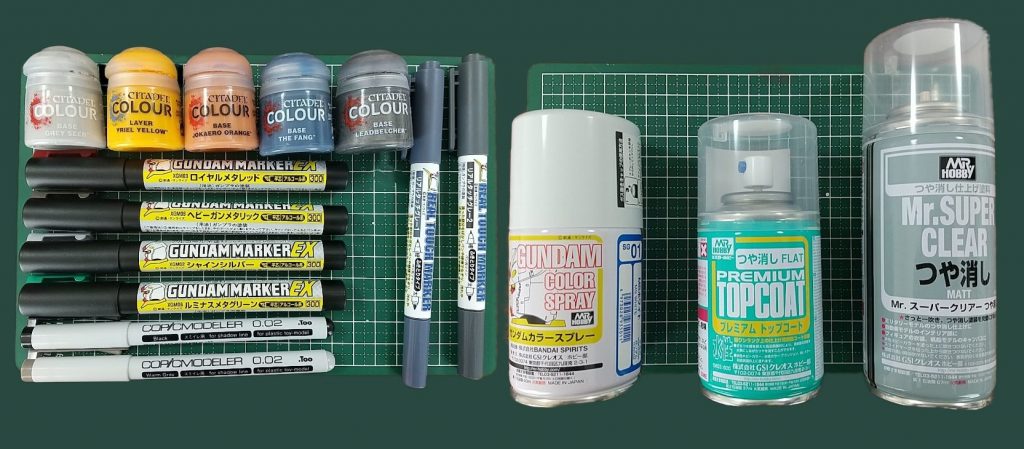塗装：缶スプレー（クレオス；MSホワイト、つや消し[水性、ラッカー系])、ガンダムマーカー（ルミナスメタグリーンEX他）、リアルタッチマーカー(グレー1、2 )、シタデルカラー(ジョケイロオレンジ他)