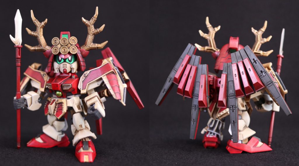 鎧を着せた状態です。元キットよりEXの方が肩が大きく、そのままでは鎧を着せることができないので、鎧の間にジャンクパーツを挟んで横幅を増しています。(伊達政宗の手裏剣だった気がします)