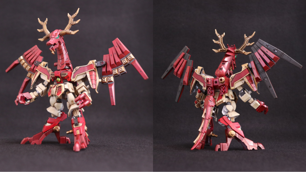 龍神形態。元キットより身長が高い&フィンファンネルが大きいので中々迫力があります。EX νの腕のままだと短くてみっともないので、元キットの腕を使用して延長しています。