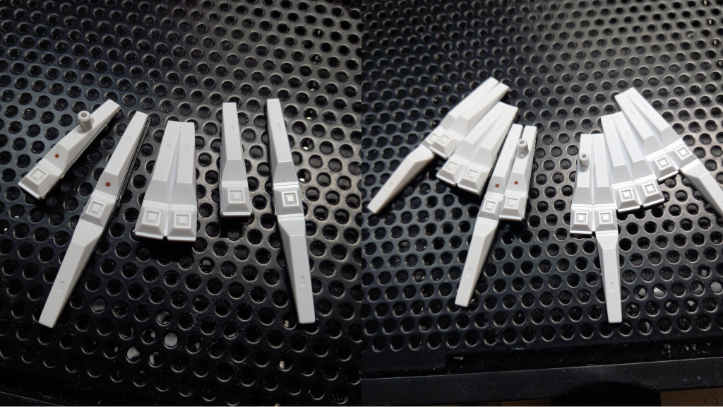 EX νのフィンファンネルはシンプルなモナカ構造なので、カットソーでファンネルをバラバラにして左右反転になるよう接着しました。(この為だけに2キット買いました笑)