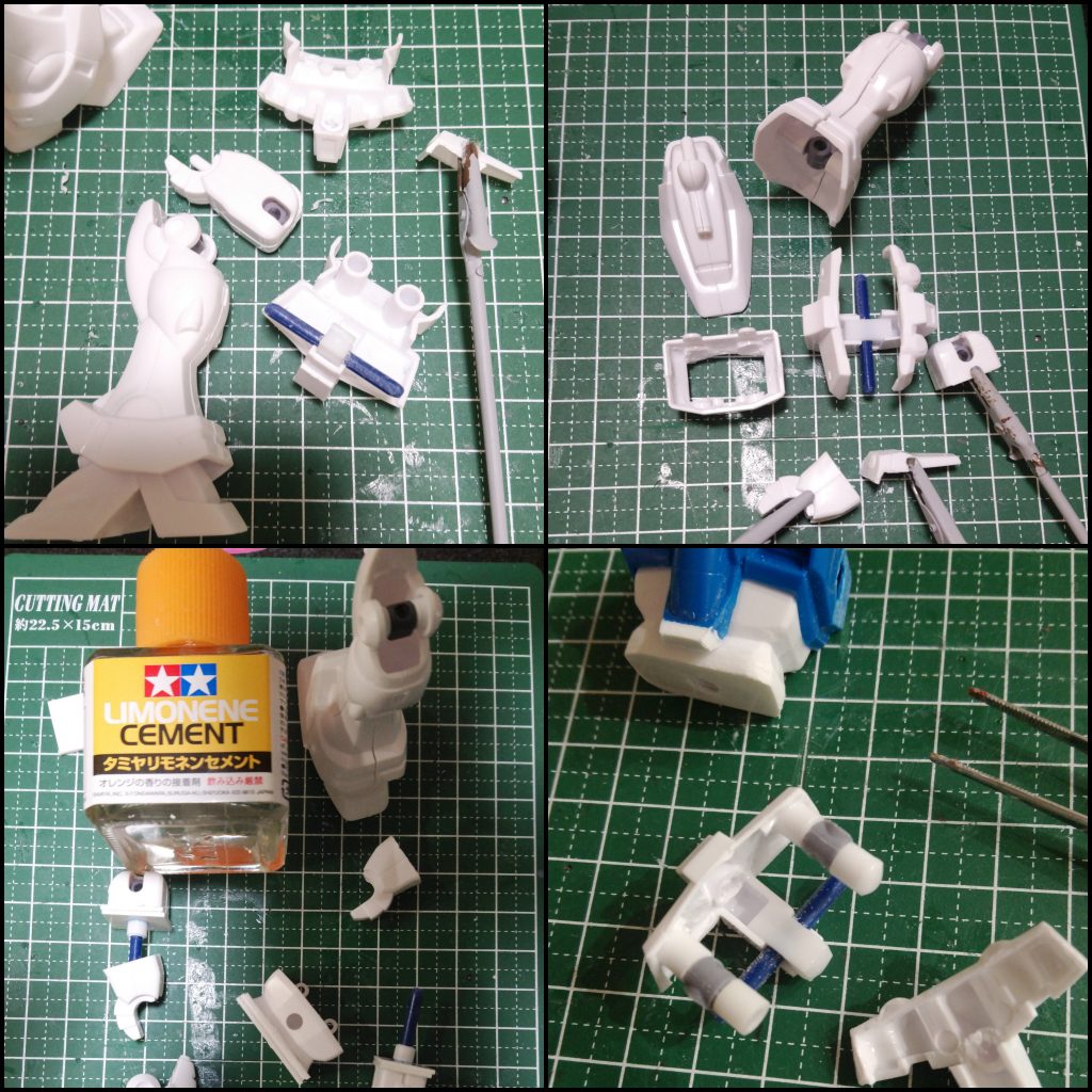 脚部や腰回りの可動化、延長工作中接着剤にはオレンジの香りが優しいリモネンセメント。タミヤの白ビンの臭いが受け付けなかった家族にもこれは好評でした！接着力が若干弱いのでそこは白ビンと使い分けが必要かと