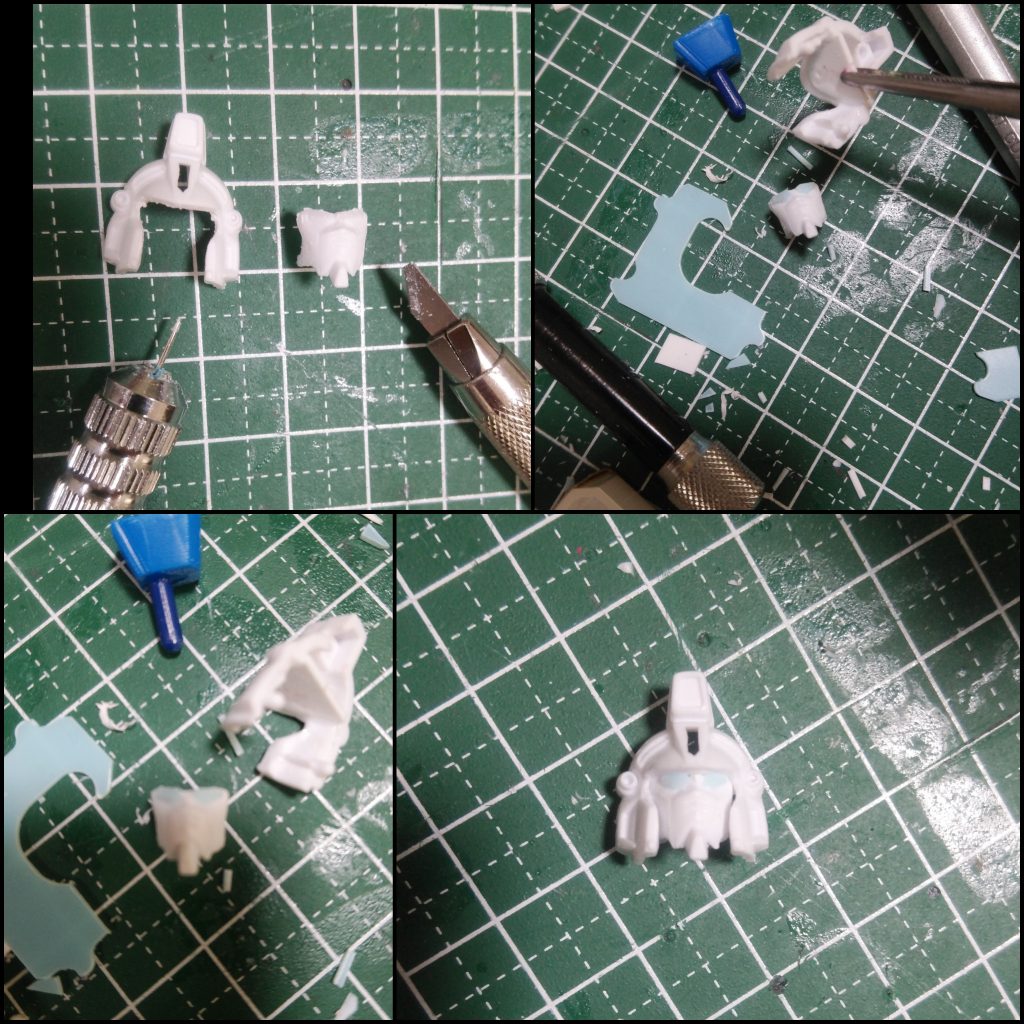 顔面更生中目つきが悪かったので目を削ってバッグクロージャーで自作して貼り付けツバの部分も削って平らに加工しました。