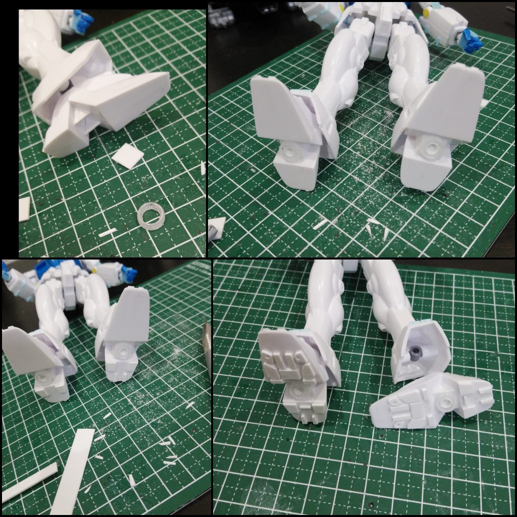 足裏加工中ホントに1ミリのプラ板をカットして貼るだけスラスターは大きさの違うプラパイプをふちを薄くして組み合わただけ