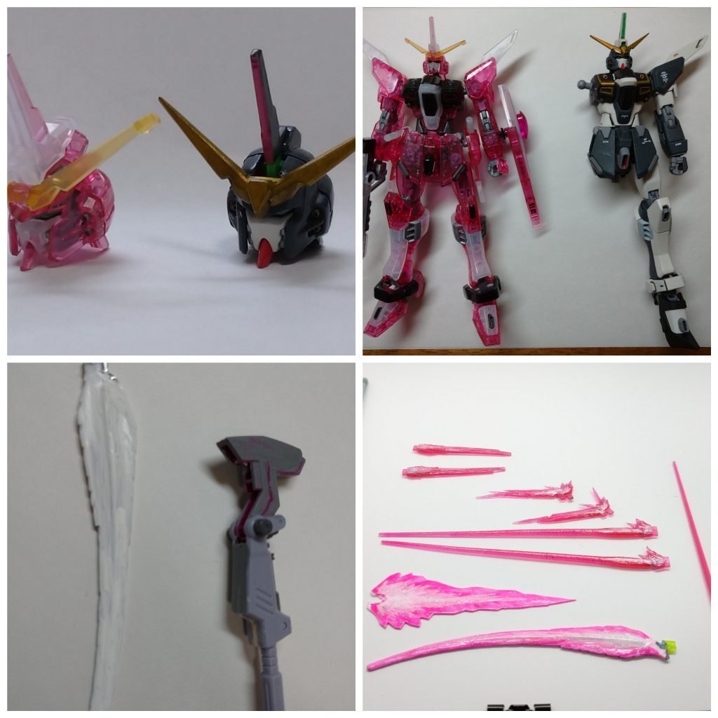 姿はEW版のデスサイズヘルですが、カラーリングはアニメ版の方を意識しました。またビームエフェクトパーツは、バスターシールドの部分のみプラ板から作成。他はジャスティスのパーツや、クリアのランナーから、切って貼ってくっ付けてを繰り返しました。塗装は蛍光ピンクからピュアホワイトを筆で少しずつ塗装。