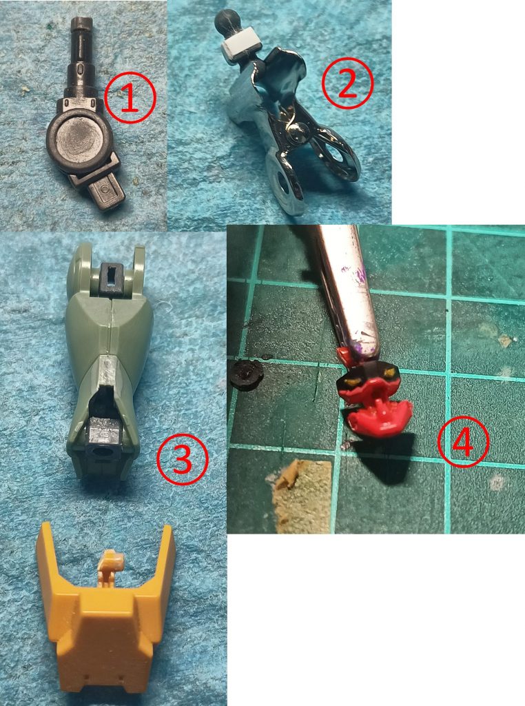 ①腕が短い気がしたので、肩との接続軸をランナー棒を使って２mm延長、接着はアロンアルファ耐衝撃EXTRA(ｵﾇﾇﾒ)を使用しました②首は0.5mmプラバンで囲みました③脚の後ハメ加工です、写真の通り加工した後、塗装後にアロンアルファ耐衝撃EXTRAで接着しました④メインカメラです、まず赤と黃を塗った後にトップコートつや消しを筆塗り、その後ポスカ黒を塗って拭き取りました(すぐ乾くので半分ずつ推奨)