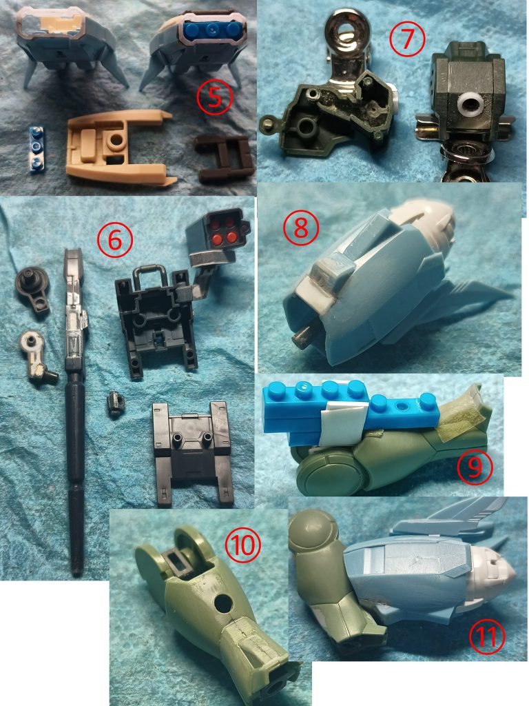 ⑤GNマイクロミサイルコンテナです、弾頭はダイソーのナノブロックを使用、苦労したのがハッチ部分でリューターとヤスリを駆使しました⑥バックパックは各種肉抜き穴を埋め、センサーユニットは稼働化、ヴィートルーウェポンのキャノンはセンサー部をカット、写真には写っていませんが、キャノンとバックパックとの接続アームは肉抜き穴を埋めて使用、そして接続するポリキャップの角を削り、少し開いてハッタリが効くようにしています⑦肩は３mm穴を開けてプラパイプでスペーサーを付けました⑧プトレマイオスアームズの後部ブースターを、脚に干渉するところをカットしてパテで埋めました(エポパテを使えばよかった…)、ポリキャップには関節技ボールジョイントミニの一番大きいボール軸を使用⑨脚に穴を開ける為の治具(ダイソーのナノブロック製)です⑩結局左右で少しズレが出ました(気にしない)⑪接続した状態です、ボールジョイント接続なので少し左右上下に動きます