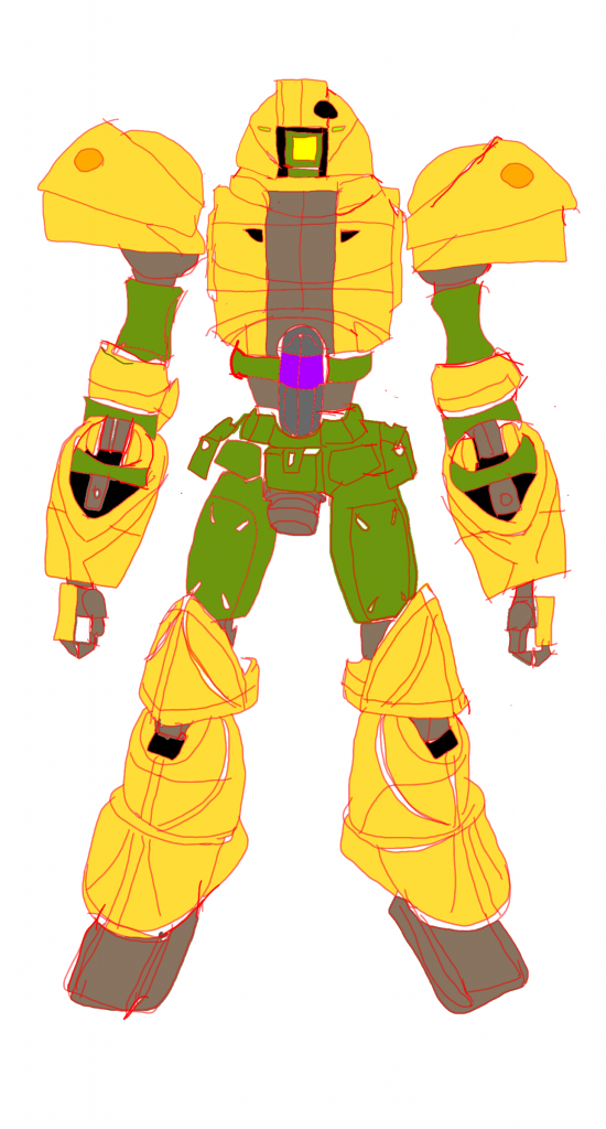 サフ吹きした本体を吟味しながらお絵描きアプリで図体をなるべく正確に描き起こし。線画が終わったら塗り潰し機能でどういうカラーリングにするかをシュミレーション。