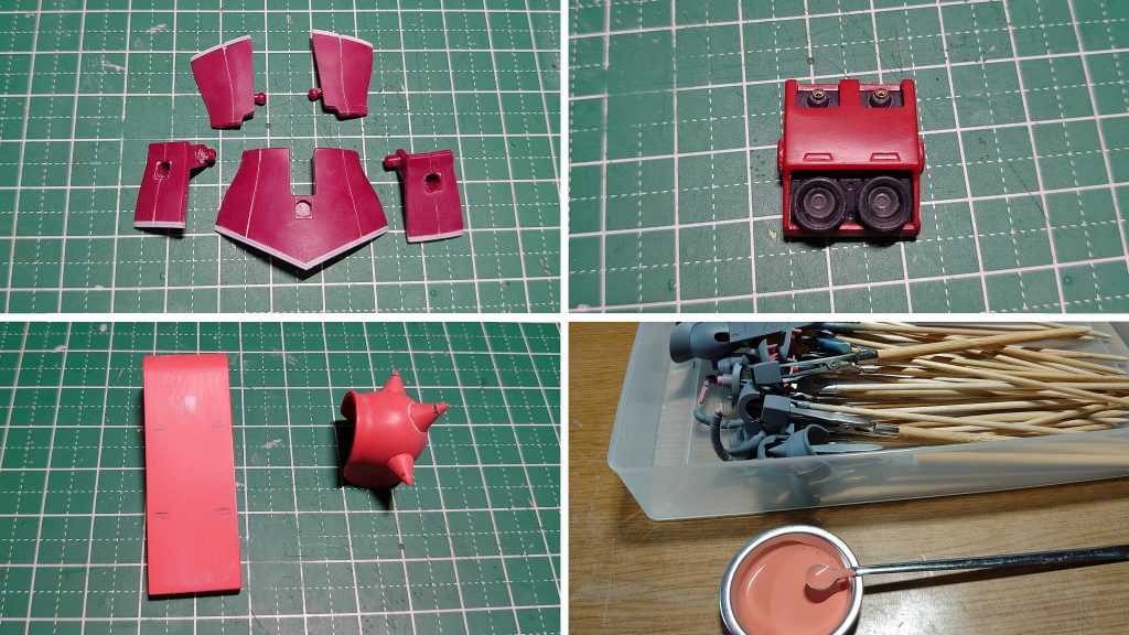 主な改造はスカートアーマーの裾を1mm延長。ロウディテールにしたのでランドセルだけワンポイント的にディテールを追加。シールドの穴などは埋めて、スパイクを延長してシャープ化。メインのカラーはミスターホビーのシャアピンク。赤みがもう少し欲しかったのでグレーズレッドでフィルターをかけました。