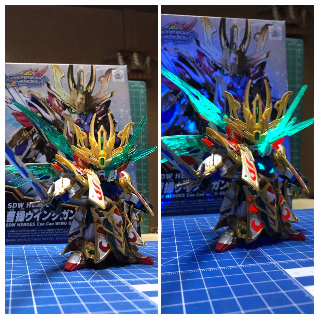 アレンジポイントとして、クリアパーツへの蛍光ペイントと、お面クリアパーツをカットして左半分だけにしています。