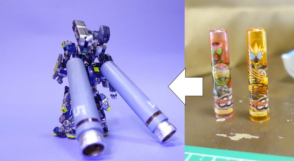 【ウラバナシ】●FA-78かっちょいいじゃん。どうやって作ろっかなー。●王道のカーキグリーンもかっこいいし、サンダーボルトからーもいいよなあ。●でも折角作るんだから人とは違ったものにしたいなー。●お、子供が使わなくなった仮面ライダー鉛筆キャップが転がってる。なんか使えないかな。増加ブースターにしてみっか。お、なかなかイケそう。