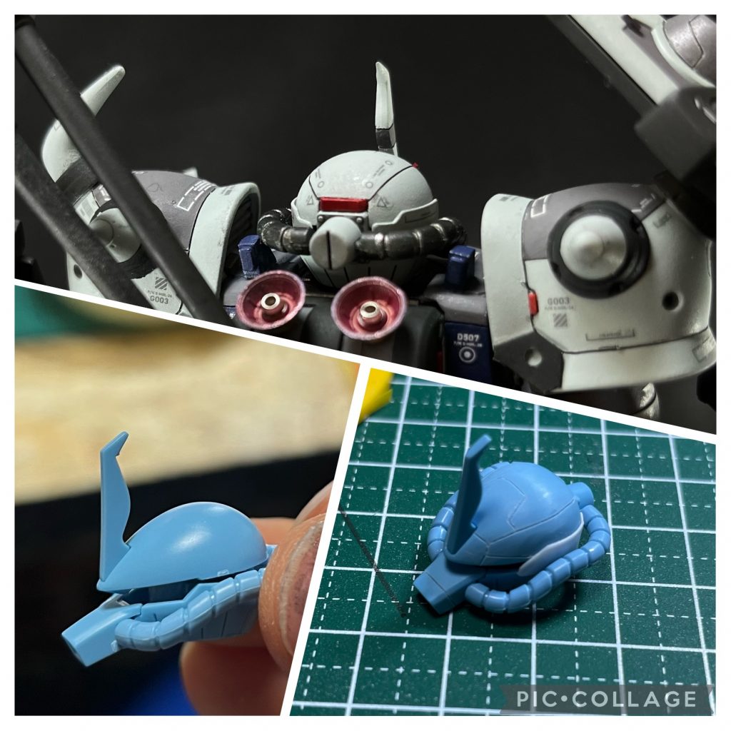 改造その①グフカスタムといえば目の部分を細くして悪そうな顔にする定番のやつですが、頭の上半分を斜めに取り付け、横の隙間はプラ板で隠し、後部の隙間はレッドチップで隠しました。