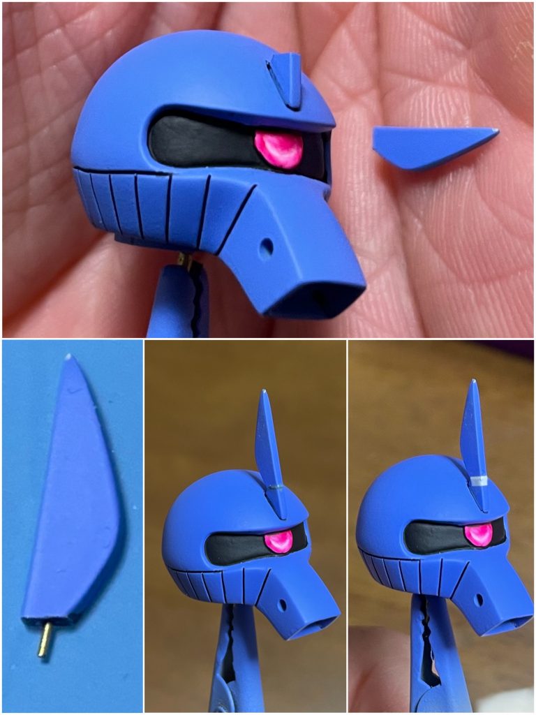 塗装後に、頭パーツを落下させて、ツノが折れました。0.3ミリの真鍮線で直打ちして、リモネントセメントで接着し、デカールで誤魔化しました。折れた時は吐きそうでしたが、良い経験になりました。