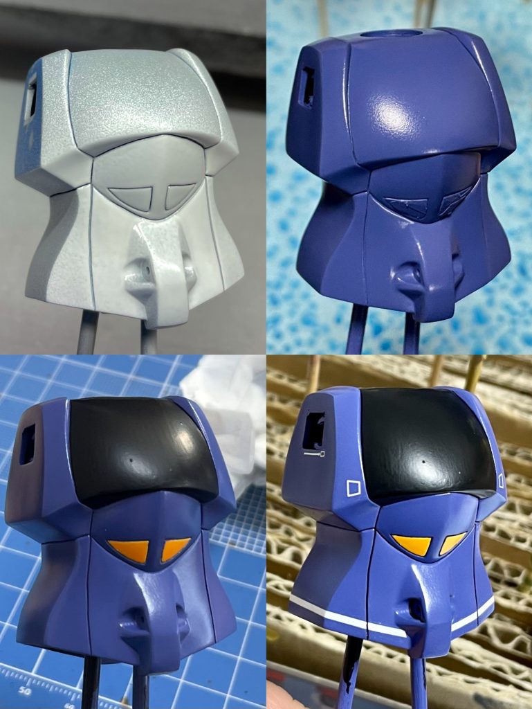 塗装の状況です。メインカラーは、グレーサフの上からバーチャロンカラーの蒼風と風群青を使ってエアブラシ塗装しました。三角の黄橙部分は、白サフ下地でエアブラシ塗装です。黒やグレー部分はマスキングがめんどくさいので、ファレホ筆塗り仕上げです。デカールは旧キットの雰囲気を崩さないように、ラインデカールメインで仕上げています。