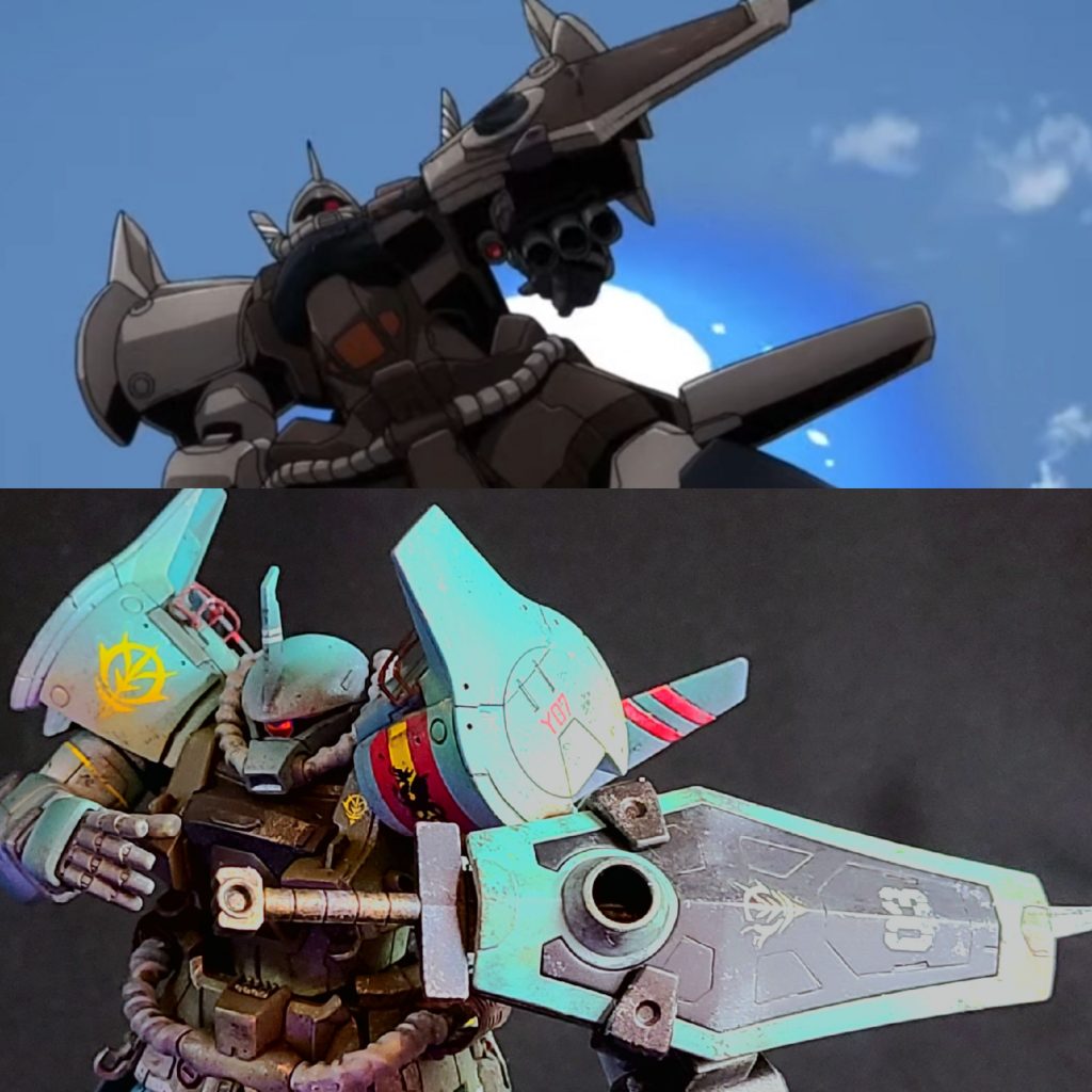 シールドに収納されているサーベル。どうやって抜くのかと思って映像作品を見返していたらシールドが約90°回転していたのですが、キットをストレートに組んだままだと、そこまで動かないので、干渉する部分を削ることで再現しました。