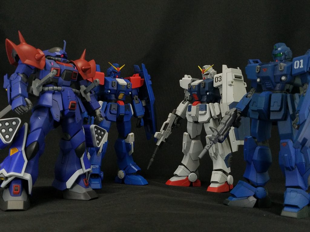 ブルー1号機~3号機、そしてイフリート改の勢揃い。一先ず、 機動戦士ガンダム外伝 THE BLUE DESTINYの機体はコンプリートということにします😁