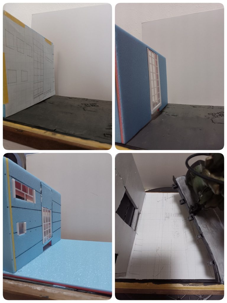 遠近にこだわってみようと思い、↖️方眼紙に下書き ↗️試作 建物も道路も完成までに2度試作しました。 ↙️プラ板とプラ棒で窓を作って ↘️道路