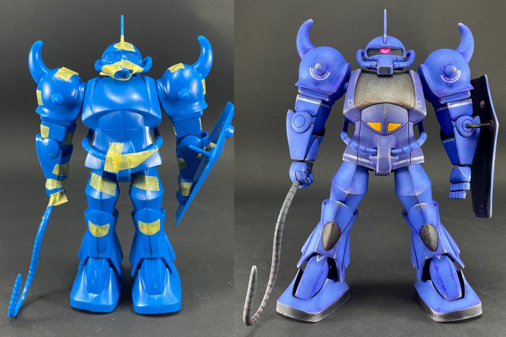 改修前と後の比較です。肩関節の取り付け位置を上方に修正し、ボールジョイント化。足首のボールジョイント化。などを行なっています。