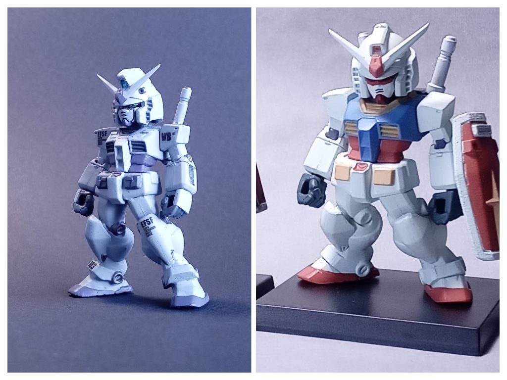 ノーマルのガンダムと比較。頭部のトサカＵＰ、フェイス部分にプラバン貼り付けヒゲのモールド付け、アンテナのシャープ化、胸部、腰にプラバン貼ってディテールＵＰ。
