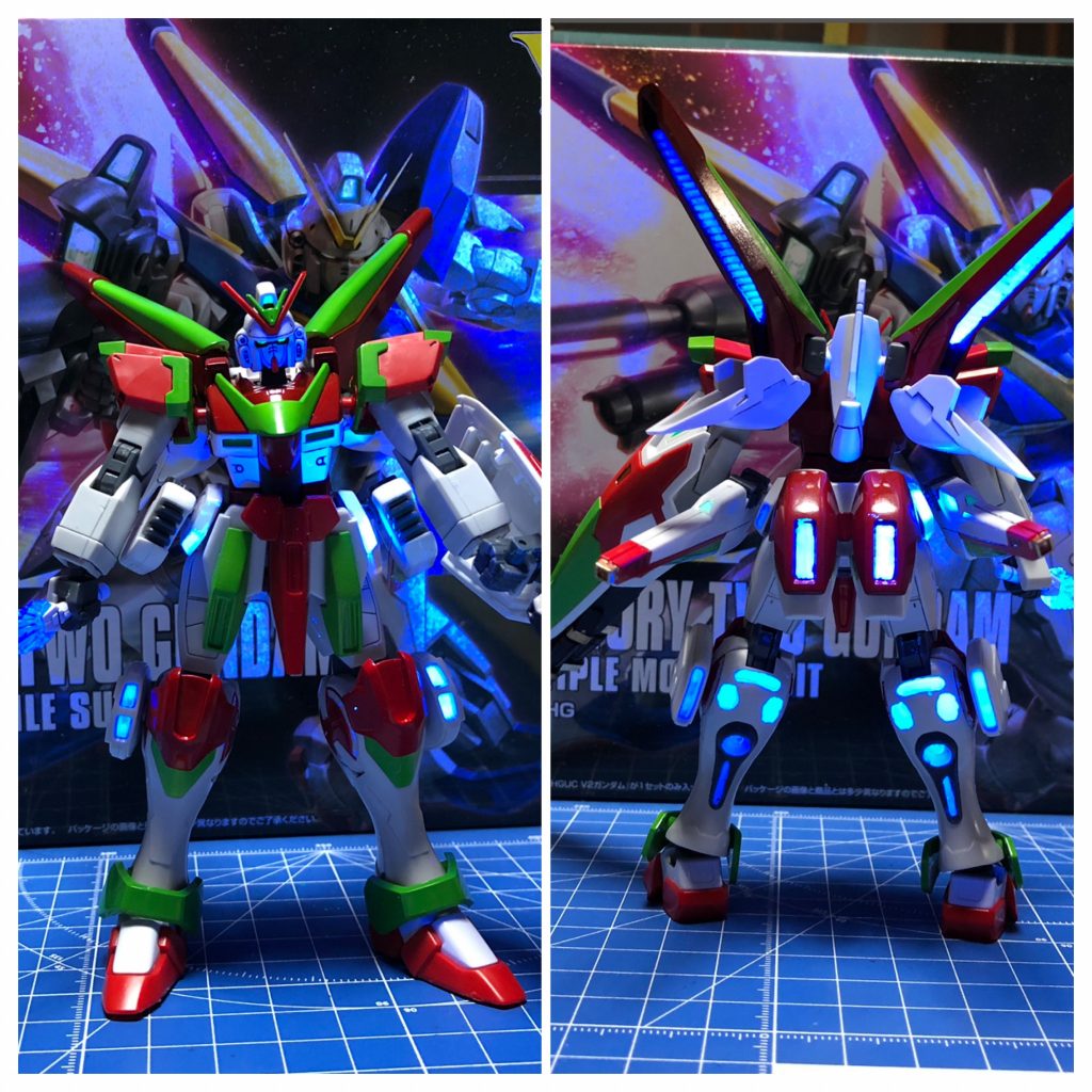 いつもは頭部にしかしない蛍光表現も今回は多めに使いました。光の翼をオミットするという理由付けのためなのですが、Gセルフの足が後ろ側までカッコいいので、やってよかったなと思います。