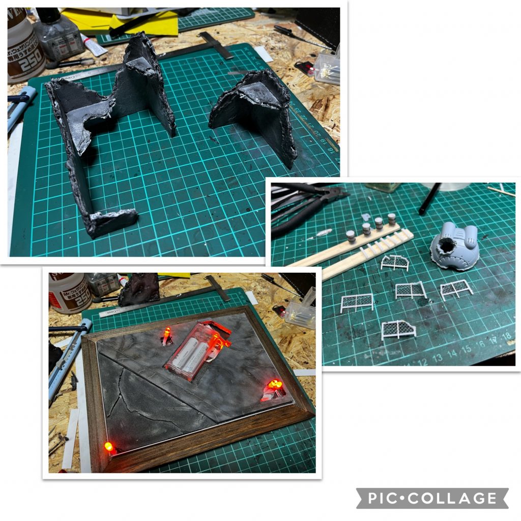 建物は5ミリのスチレンボードから作りました。断面や壁面にタミヤの白い蓋の接着剤を適当に塗り、コンクリートが剥がれたり砕けたりを表現しました。ジェッソで下地を作り、ウェザリングカラーで着色、ウェザリングマスターで仕上げました。火事の表現には100均のLEDライトを使用。コイツ、第1作目ぶりの登場です。もともと黄色っぽく光るものに赤マッキーを塗り、オレンジ色にしました。金網フェンスは1ミリプラ棒と100均の網戸補修するやつ、ドラム缶はプラパイプとポンチで丸く切ったプラ板と100均のネイルシール、歩道に設置する縁石は2ミリプラ棒から作りました。陸戦型ボールは正面方向から狙撃され、穴が空いたのちに側面から両断されたってことにしてます。主にはんだこででダメージを入れました。