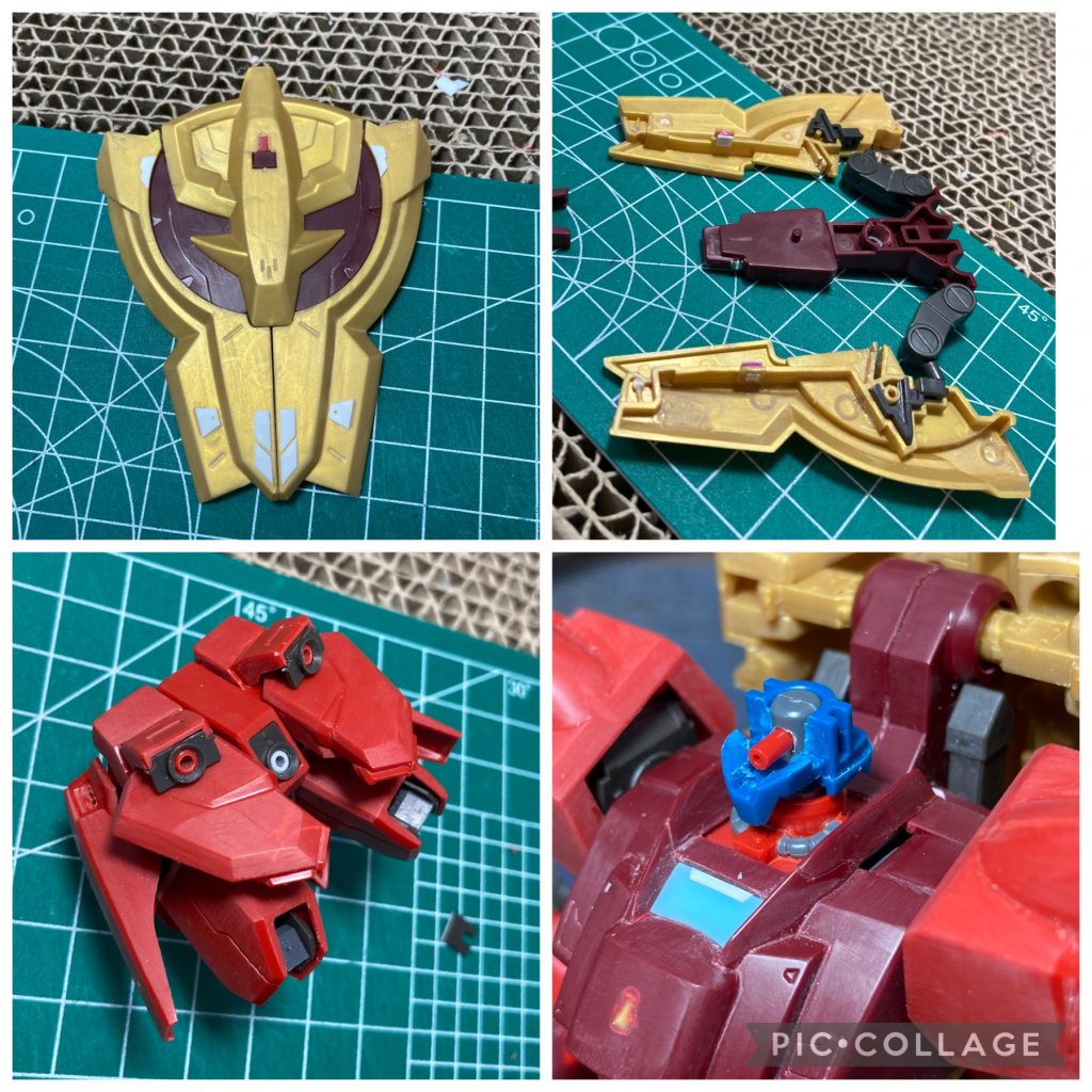 制作途中なるべくキットと余りパーツを活かして追加しました。顔はリゼルのフェイス。エリは切り取って分割線を変更。肩は接着して後ハメ。胴体のパイプはビーズに置き換え。モモは横ロールを追加して上下延長。各部肉抜きは埋めました。スジ彫りは0.15スジ彫りカーバイトとPカッターで彫り直しました。ν-ジオンのパーツは1パーツや肉抜き、KPSなどで大変でした。