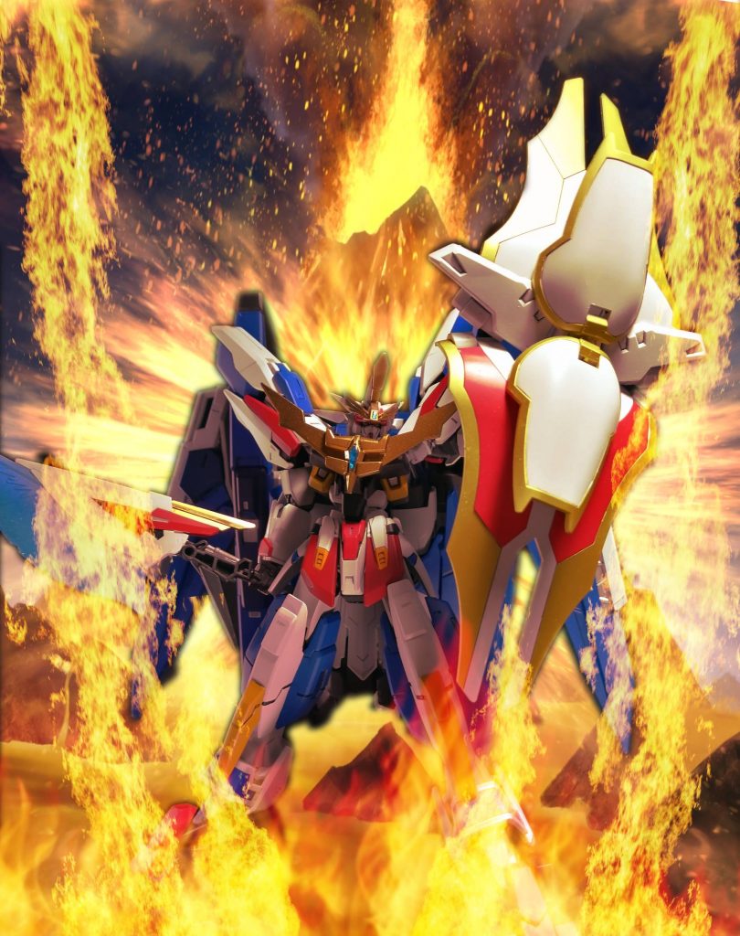 【盾を掲げて勝ち名乗り】勇者系ロボットにはこの手のポーズが必要不可欠。必殺技の後には機体名を声高らかに叫びます。「神魂合体　キングザラキエェールッ！」 