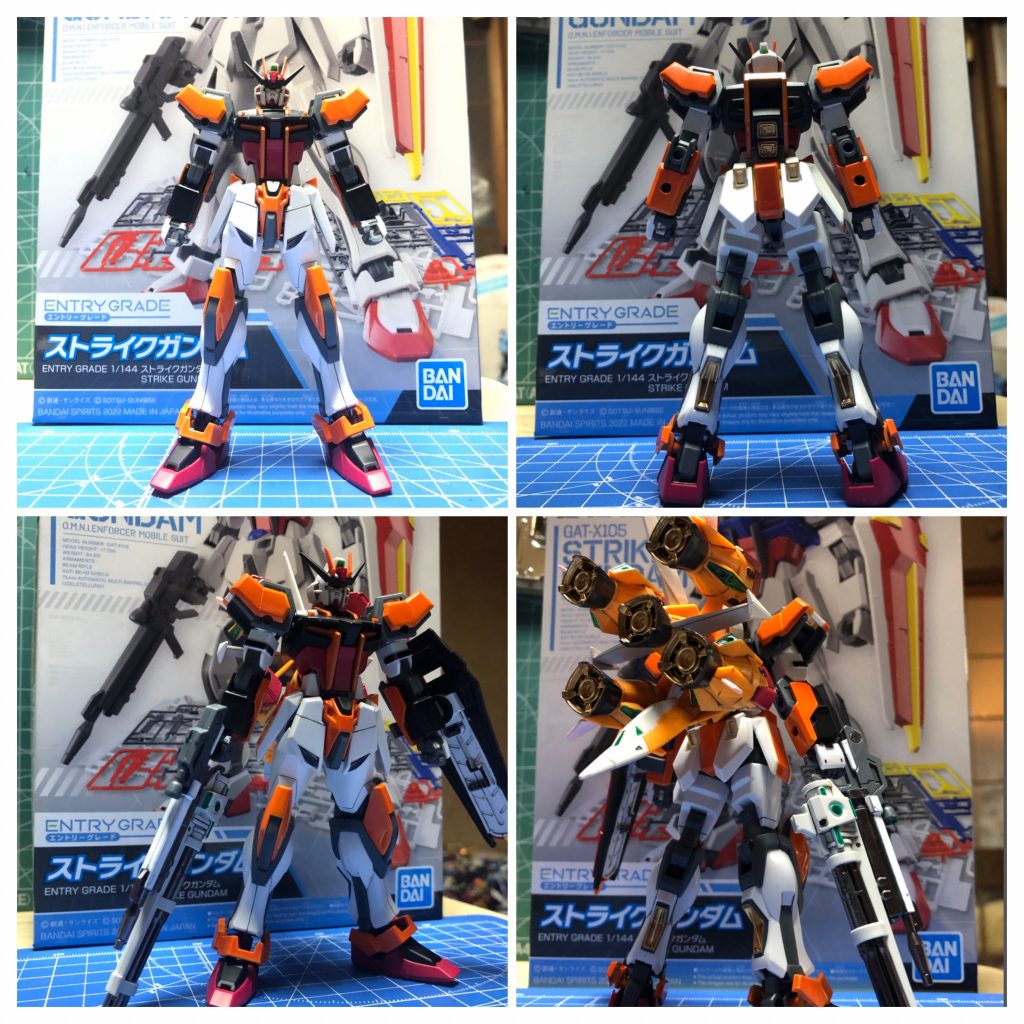 ロールアウト!素立ちと武装状態での前後ショットです。ストライカーは小振りなので前から見た時は目立ちませんが、後ろから見るとかなりの存在感です。本来は機首が上にくるのですが、あえて上下逆に組んでいます。