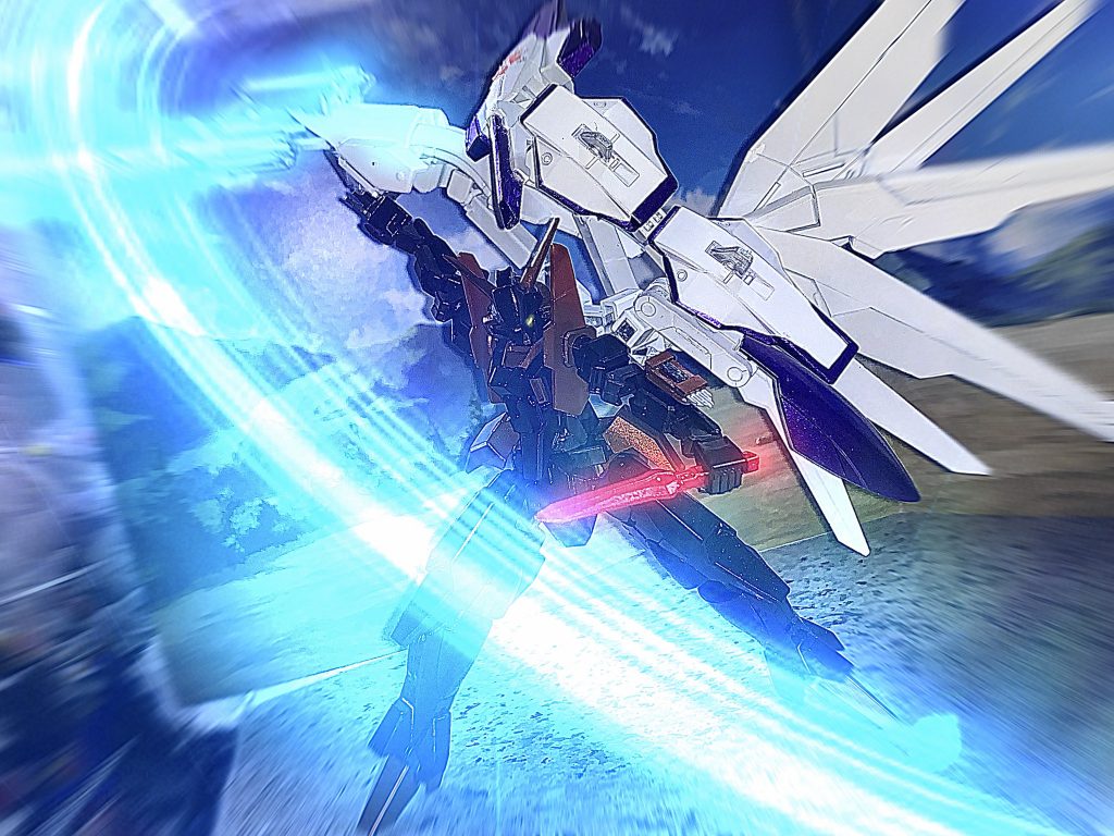 武装はサブアーム、大刀、ファンネルシールド2種、フツノミタマノツルギ、バラエーナ付属ウィング、春雨(刀)。サブアームの刀から弾き出される衝撃波は他の追随を許さない。ガーベラストレートと同じ構造の刀のためフェイズシフト装甲のようにビームを弾く性質を持っており必殺の真空ぶった斬りはコロニーレーザーですら真っ二つに切り裂けるほどだ。ウィング部分にはバラエーナが搭載されており遠隔射撃の面でもかなり立ち回れる性能となっている。刀には侍の阿弥陀丸が取り憑いているため見切りや戦闘のセンスが流れ込まれておりお互いにできない部分を補い合っているという最強の状態である。